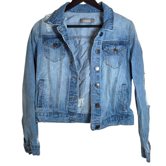 2Sable April Jeans Blue Distressed Classic Denim Trucker Jean Jacket Size Small - Picture 3 of 7